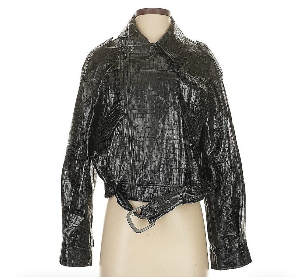 Avec Les Filles Faux Leather Cropped Belted Biker Moto Jacket Black Size Small
